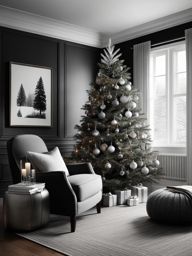 christmas tree clipart black and white in a cozy living room - adorned for celebration. 