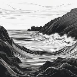 drawing of waves on a rocky shore  minimal rough sketch scribbles,doodles,black and white