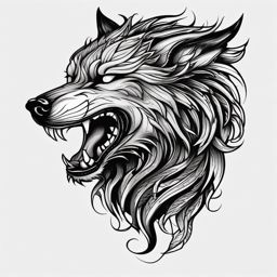 Fenrir Wolf Tattoo,tattoo of the fearsome Fenrir, a colossal and formidable wolf from Norse mythology. , color tattoo design, white clean background