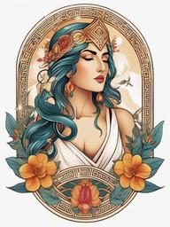 Goddesses Tattoo - Celebrate the divine feminine with a tattoo featuring various Greek goddesses, each embodying different virtues and powers.  simple color tattoo design,white background