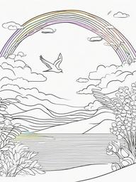 Rainbow Coloring Page - Horizontal rainbow with birds flying around.  easy,simple,minimal,coloring pages,black and white outline