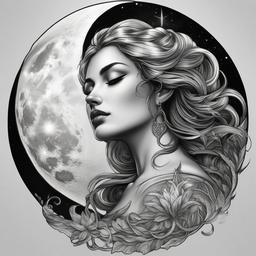 Achelois Goddess Tattoo - Celebrate the lesser-known goddess Achelois with a tattoo, capturing her associations with the moon and healing waters.  Black and white tatto draw in realism style