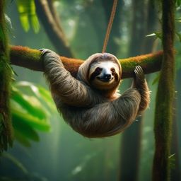 Cute Sloth Hanging in a Misty Rainforest 8k, cinematic, vivid colors