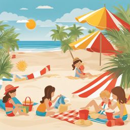 summer clip art - a sun-kissed beach scene, where families build sandcastles under a cloudless sky 