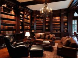 Gothic library showcases rich wood bookshelves, dark accents, and comfortable reading chairs, creating a warm atmosphere for book lovers.  