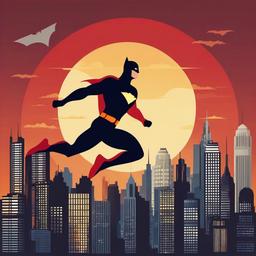 Superhero clipart - superhero leaping over a city skyline  color,minimalist,vector clipart