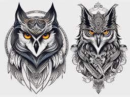 Owl and Wolf Tattoo,stunning union of the owl and the wolf, marriage of elegance and power. , color tattoo design, white clean background