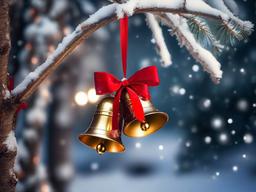 Christmas wallpaper - Christmas bells with red ribbon, hanging on a snowy tree  aesthetic background wallpaper