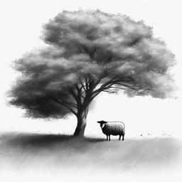 drawing of a sheep under a tree  minimal rough sketch scribbles,doodles,black and white