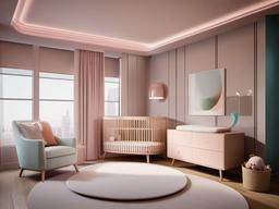 The nursery features futuristic interior design with smart baby monitors, sleek furniture, and a calming color palette that creates a safe and nurturing environment for the baby.  