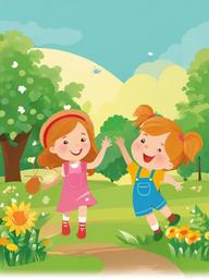 May clipart - sunny day with children playing outside in May  