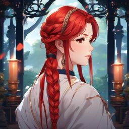 Girl with red braided hair in a mystical shrine.  front facing, profile picture, anime style