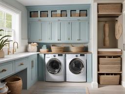 Coastal laundry room features light blue cabinetry, driftwood accents, and nautical decor, bringing a relaxed beach vibe into a functional area.  