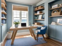 Coastal home office features light wood furniture, soft blue accents, and nautical decor, creating a relaxed and breezy atmosphere for focused work.  