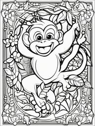 Monkey Coloring Pages - Swinging from Tree to Tree  black outline printable coloring page