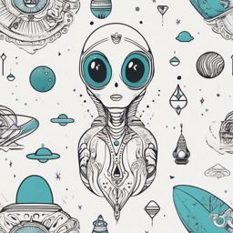 Whimsical alien with a touch of mystery, featuring unique symbols that hint at an intergalactic narrative.  colored tattoo style, minimalist, white background