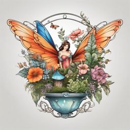 fairy garden tattoo  simple color tattoo style,white background