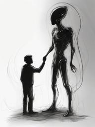 drawing of an alien meeting a human  minimal rough sketch scribbles,doodles,black and white