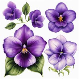 Violet tattoo flower, Tattoos featuring the charming and delicate violet flower.  vivid colors, white background, tattoo design