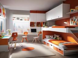 In the kids' room, futuristic interior design showcases multifunctional furniture, playful accents, and dynamic decor that encourages creativity and imaginative play.  