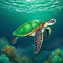 Green Sea Turtle - Beneath the emerald waves, the green sea turtle gracefully navigates the vast and vibrant ocean depths.  vector art, clipart, minimal