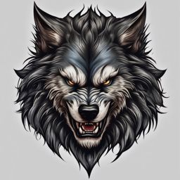 Werewolf Face Tattoo,tattoo capturing the face of a fearsome werewolf, embodiment of the supernatural. , color tattoo design, white clean background