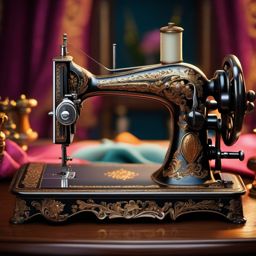Antique Sewing Machine - An antique sewing machine with ornate metalwork hyperrealistic, intricately detailed, color depth,splash art, concept art, mid shot, sharp focus, dramatic, 2/3 face angle, side light, colorful background