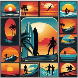 Surfboard clipart - sunset with surfers  vector clipart