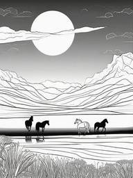 Horses at Sunset Coloring Pages - Beautiful Scene with Horses at Dusk  minimal black outline printable sheet, coloring page