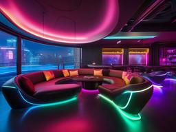 The terrace embraces cyberpunk interior design with futuristic seating, colorful lighting, and urban-themed decor, providing a dynamic space for gatherings and relaxation.  