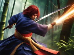 kenshin himura delivers lightning-fast strikes against foes on a bamboo forest path. 