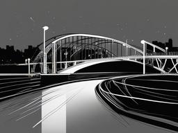 drawing of a bridge with colorful lights at night  minimal rough sketch scribbles,doodles,black and white