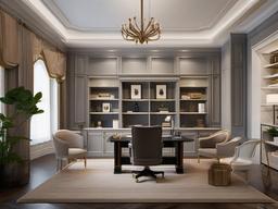 Neoclassical home office features simple cabinetry, decorative moldings, and classic furnishings that create an elegant and timeless workspace.  