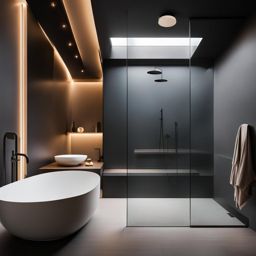 modern bathroom with a freestanding bathtub and a glass-enclosed shower. 