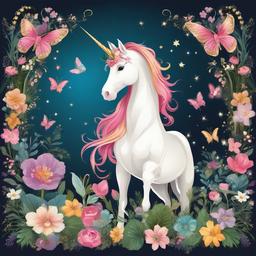 Unicorn clipart - unicorn with a fairy in a whimsical setting  