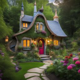whimsical fairy-tale cottage nestled in a vibrant, enchanted garden. 