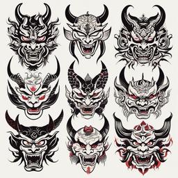 Japanese Tattoo Demon Faces - Tattoo depicting various faces and expressions of demons in traditional Japanese style.  simple color tattoo,white background,minimal