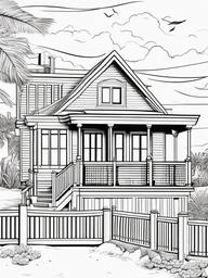 House Coloring Pages - Beach house with a deck overlooking the ocean  simple coloring pages