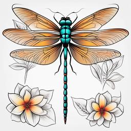 Dragonfly Flower Tattoo - Tattoo featuring a dragonfly perched on a flower.  simple color tattoo,minimalist,white background