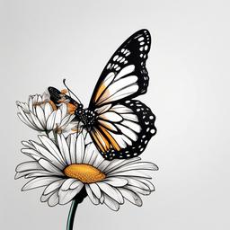 butterfly with daisy tattoo  simple color tattoo, minimal, white background