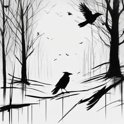 drawing of crows in a spooky setting  minimal rough sketch scribbles,doodles,black and white