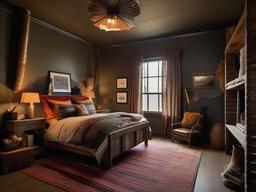 In the guest bedroom, Post-Apocalyptic interior design offers a cozy atmosphere with rugged furnishings, layered textiles, and an eclectic mix of decor that ensures a memorable stay for visitors.  