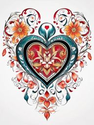 Floral heart tattoo, Heart adorned with intricate floral patterns, symbolizing the delicate beauty of love. , tattoo color art, clean white background