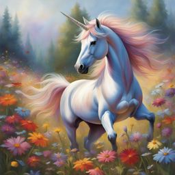 playful unicorn frolicking in a field of colorful wildflowers, scattering petals with each joyful step. 