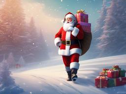 Christmas wallpaper - Santa Claus with a big sack of presents walking through the snow  aesthetic background wallpaper