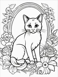 Kitty and Flowers Coloring Pages - Kitten Surrounded by Beautiful Flowers  minimal black outline printable sheet, coloring page