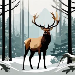 North American Elk Clip Art - North American elk in a forest clearing,  color vector clipart, minimal style