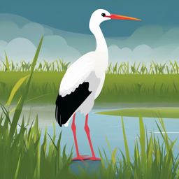 Stork Clipart - Stork standing on one leg in a grassy wetland , minimal, 2d