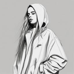 drawing of Billie Eilish wearing her signature oversized clothes  minimal rough sketch scribbles,doodles,black and white