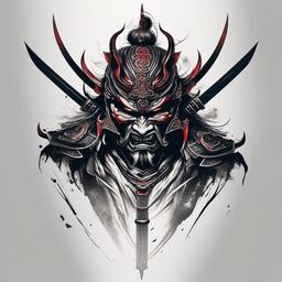 Demon Samurai Tattoo - Blends the fierceness of a samurai with demonic elements in tattoo art.  simple color tattoo,white background,minimal